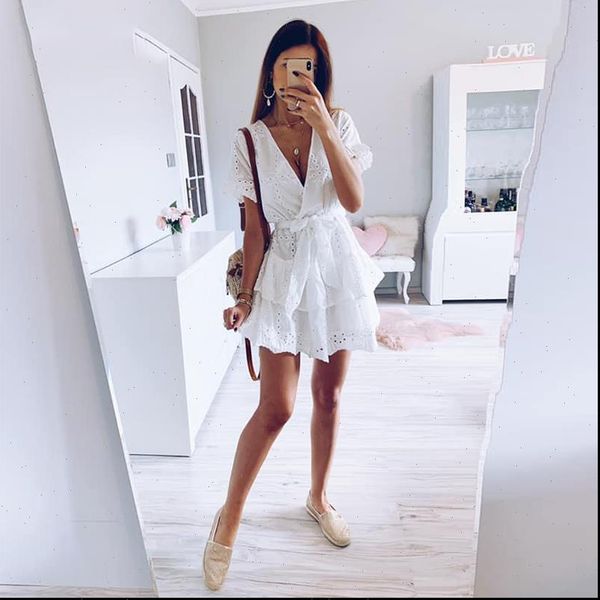 

evening summer cotton womens dresses short sleeve v neck hollow out white dress casual a line women elegant mini, Black;gray
