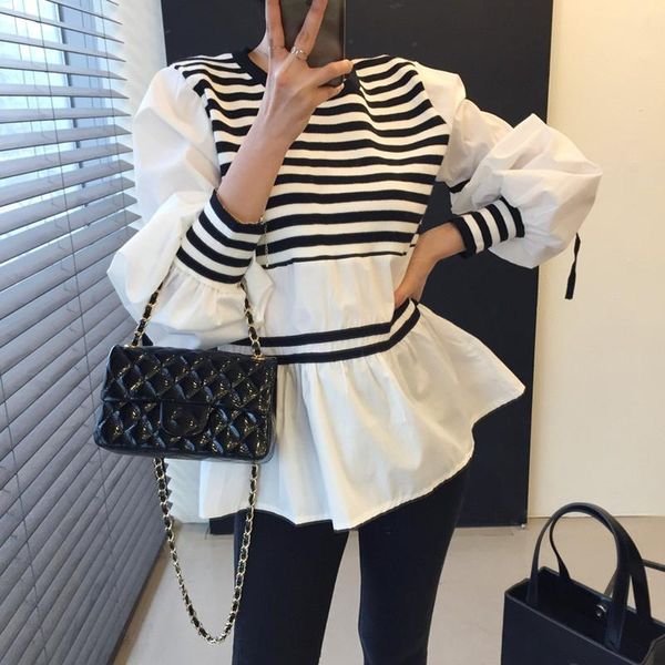 

women's blouses & shirts alien kitty 2021 autumn o neck stripe contrast color all-match loose fashion casual lace puff sleeve top, White