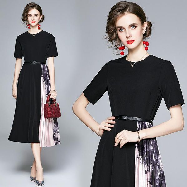 

party dresses simgent pleated dress women elegant vintage office patchwork printing belted vestidos jurken robe femme sg0821, White;black