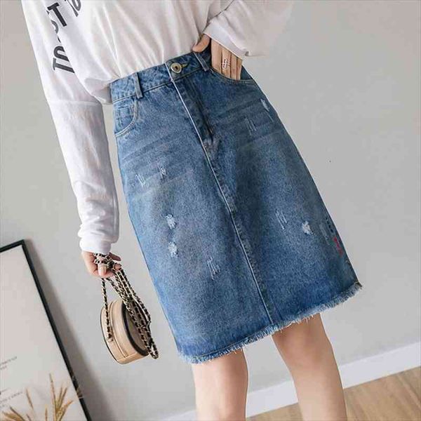 

tassel denim fashion women skirts plus size embroidery ripped jean high waist a line pocket cotton jeans midi, Black