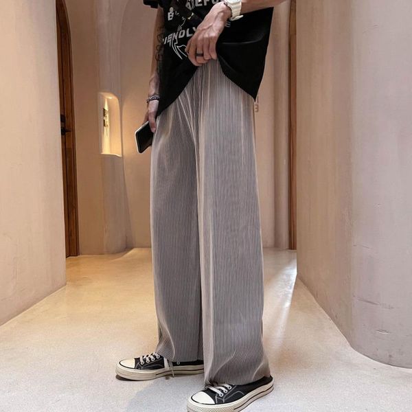 

solid color ice silk pleated pants men korean fashion loose casual harajuku streetwear wide-leg straight-leg men's, Black