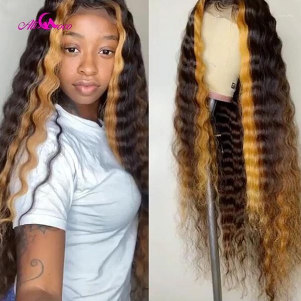 

ali coco deep wave human hair lace front wigs 150% density ombre pre plucked for black women hairstyle malaysia remy hair1, Black;brown