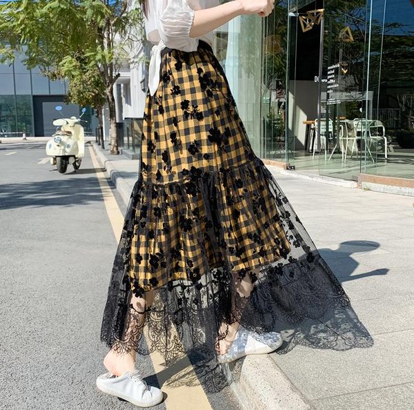 

skirts spring and summer super fairy lace mesh plaid skirt, Black