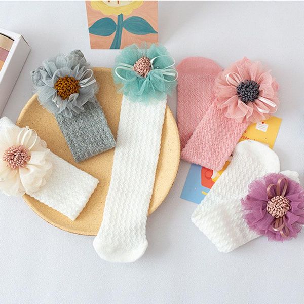 

big flower baby girl socks long sock toddler bow summer mesh knee born infant for girls clothes accesories, Pink;yellow