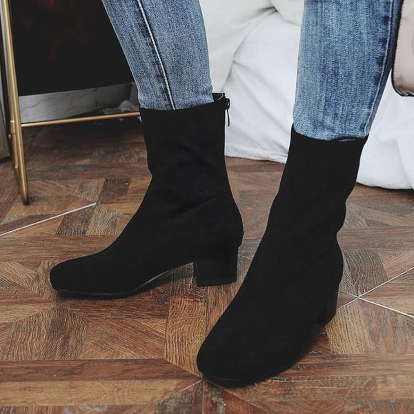 boots oversized ma'am coarse heel short pure color post zipper boot barrel suede high-heeled, Black