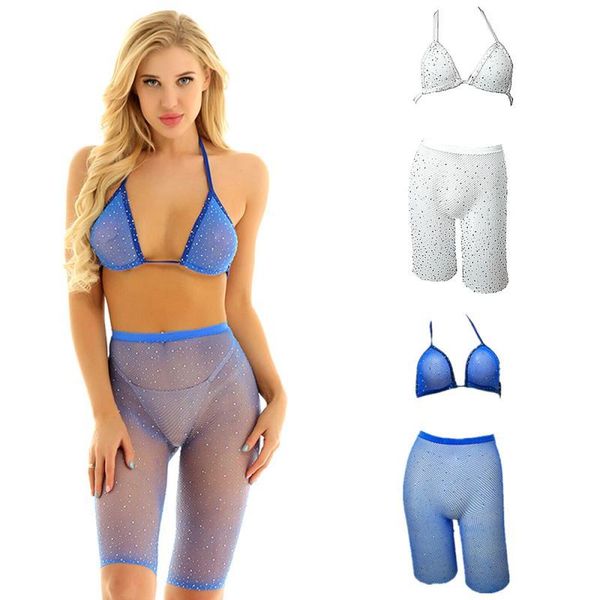 Costumi da bagno da donna Donna Sexy con strass Vita alta Bikini Reggiseno a rete Pantaloncini Costume da bagno push up Set costumi da bagno Costumi da bagno Biquini