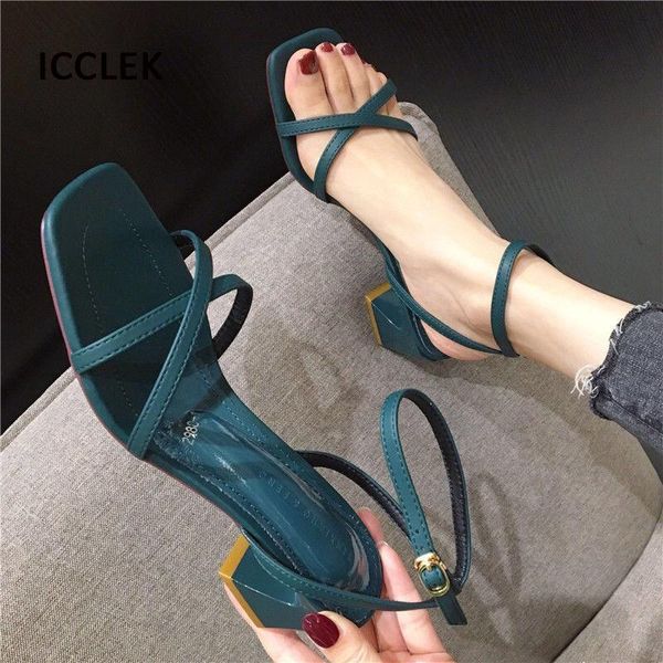 

sandals 2021 women summer fashion square open toe high heels shoes female heel plus size ladies sexy, Black