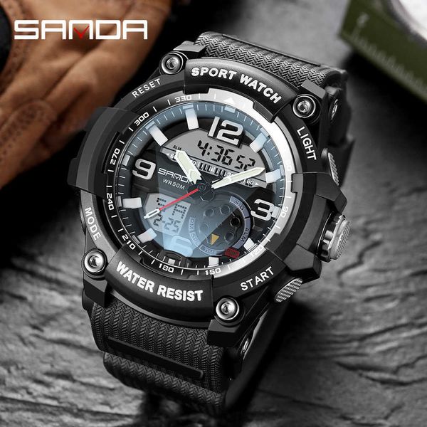 SANDA Herrenuhr Outdoor Sports 50M Wasserdicht Quarzuhr Kalender Leuchtende LED Digitale Elektronische Uhr Relgio masculino G1022