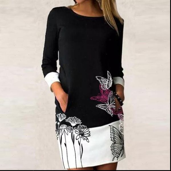 

vintage womens dress elegant floral short women boho long sleeve vestido print evening party casual mini retro, Black;gray