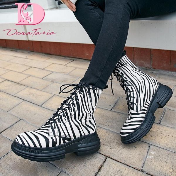 

boots doratasia brand ladies genuine leather fashion platform thick sole chunky heels shoelace women 2021 shoes woman, Black