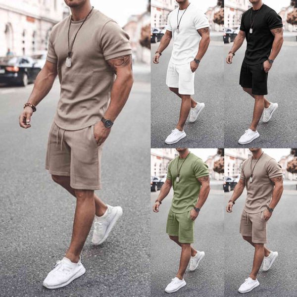 

men's tracksuits 2021 summer short sleeve shorts two piece set solid color sports leisure suit, Gray