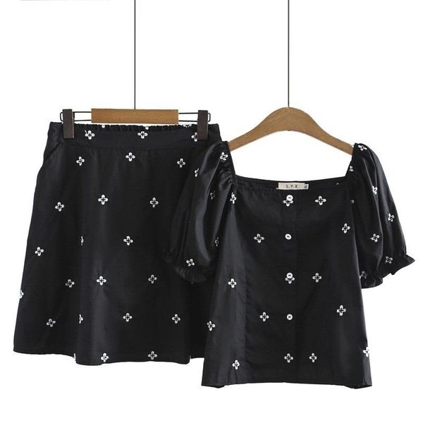 

plus size tracksuits women's summer 2pieces sets short sleeve + elastic waist a-line skirts large vintage embroidery elegant suits, Black