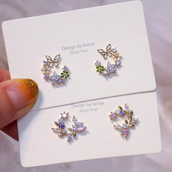 

stud trendy charm 14k real gold plated flower butterfly earrings for women jewelry zirconia s925 silver needle fine gift, Golden;silver