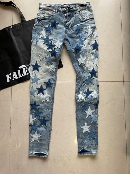 

falection mens 21ss amimike stars denim patch embroidered denim jeans blue 04