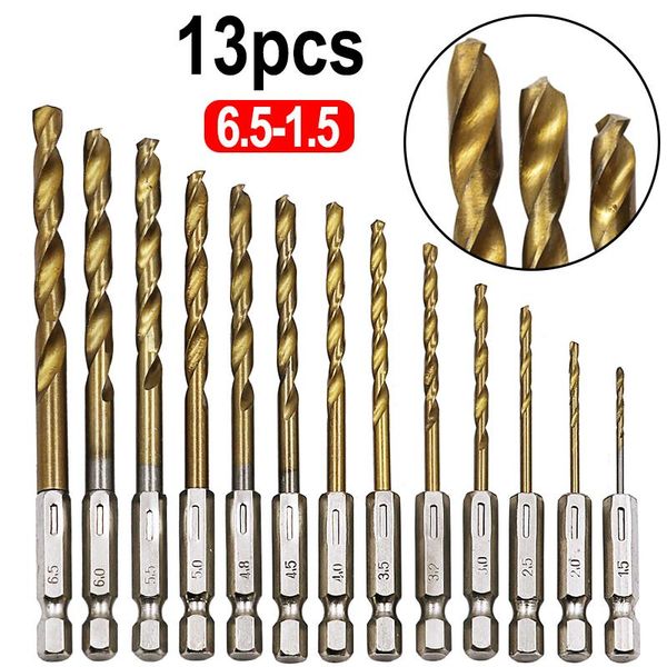 

professional drill bits 13pcs/lot hss high speed steel titanium coated bit set 1/4 hex shank 1.5-6.5mm use to metal drilling and wood