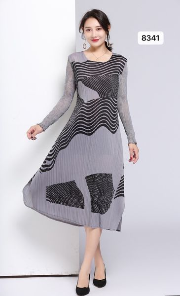 

dress miyake fold geometric print o-neck long sleeve big a-line, Black;gray