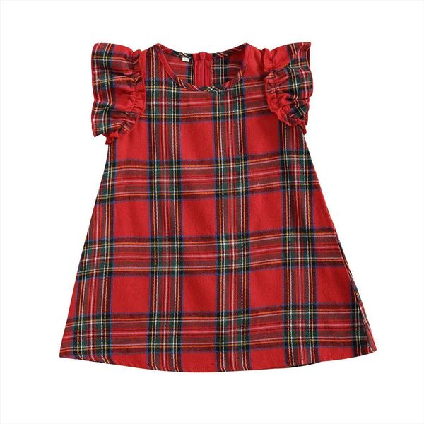 

kids baby girls fly girl dress sleeve plaid children stylish for daily wear, Red;yellow