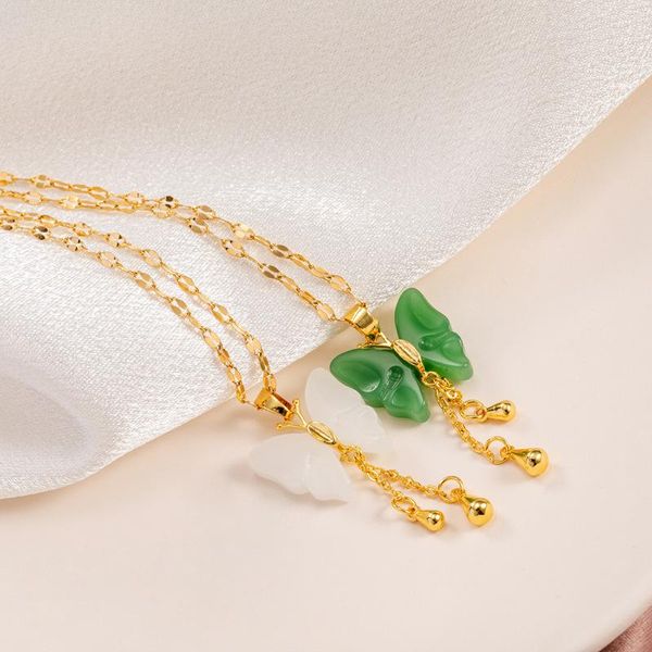 

pendant necklaces chinese style buddha butterfly tassel necklace women gold color green white stone animal party jewelry dropping, Silver