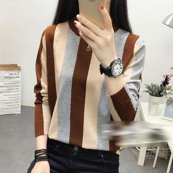 

rainbow stripe sweater contrast knitted pullover 2021 long sleeve winter clothes turtleneck knitwear slim women jumper women's sweaters, White;black