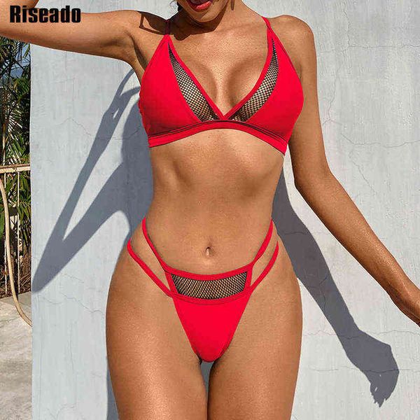

riseado mesh bikini v-neck swimwear women swimsuits high cut brazilian biquini string strap bathing suits solid black bikini set, White;black