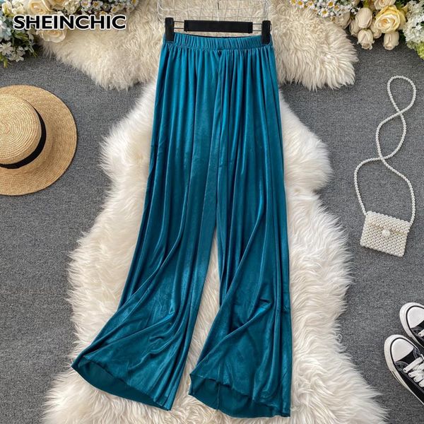 

women's pants & capris 2021 spring women elegant solid color pleuche stretchy waist wide leg casual for female fashion vestidos, Black;white