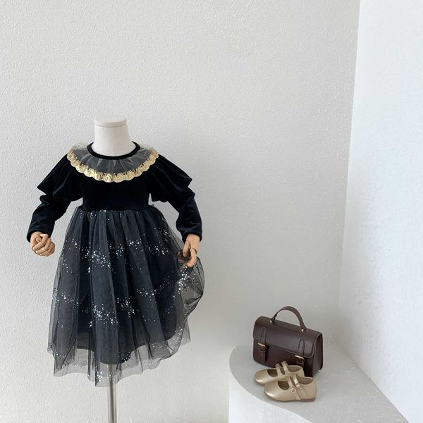 Parlak Kızlar Sequins Elbise Çocuklar Için Siyah Kadife Bahar Kostüm Butik 2 Yaşındaki Bebek Kız Giysileri 210529