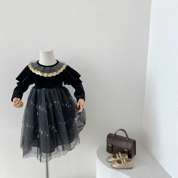 Glänzendes Mädchen-Paillettenkleid für Kinder, schwarzer Samt, Frühlingskostüm, Boutique, Kleidung für 2-jährige Babymädchen 210529