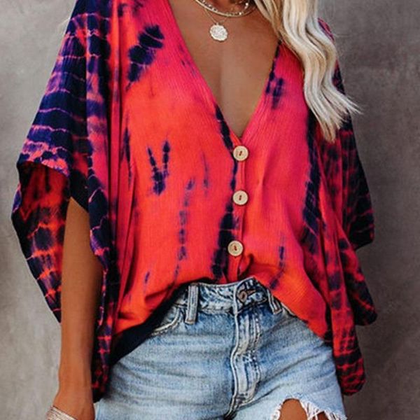 

women's blouses & shirts 8 colors chiffon v-neck batwing sleeve tie dyed button up printed plus size shirt for women s-5xl, White