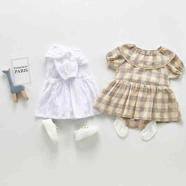 Doğan Bebek Giysileri Set Tulum Kızlar Ekose Yaz İngiltere Stil Boy Tulumlar 210429