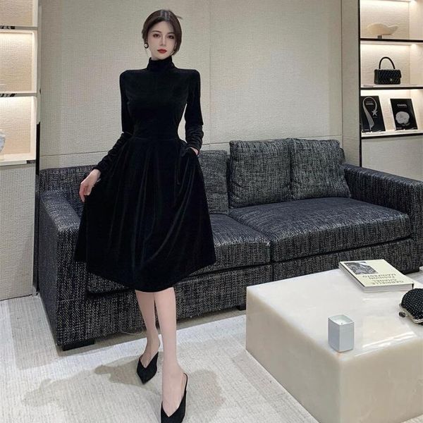 

casual dresses make firm offers retro velvet collar waist dress, Black;gray
