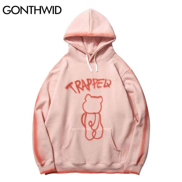 

gonthwid graffiti trapped bear tie dye hoodies streetwear hip hop harajuku casual pullover hooded sweatshirts men women y1201, Black