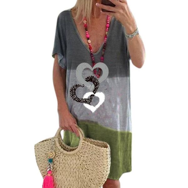 

summer dress women short sleeve heart printed v neck loose shirt casual color block beach sundress plus size dresses, Black;gray