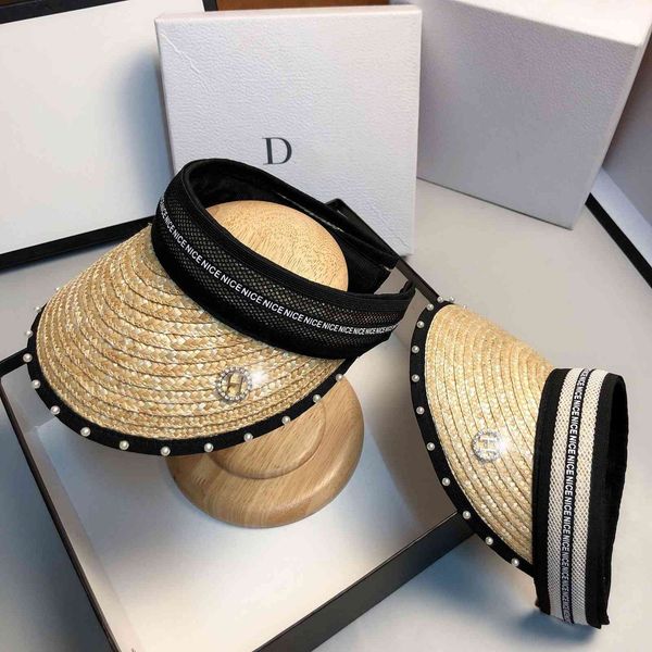 

fashion light luxury small fragrance straw cap designer handmade pearl hairband foreign style cap, Blue;gray