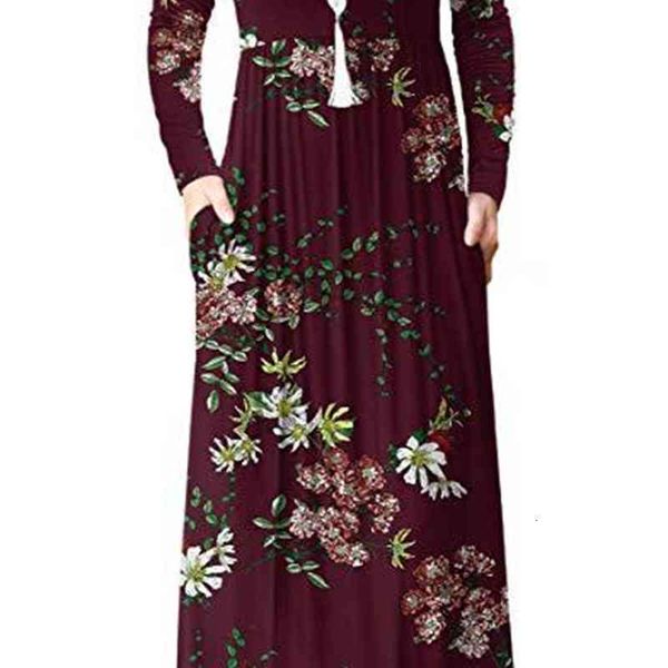 

casual dresses outono casual duplo bolso manga comprida o-pescoÃ§o flor impressÃ£o maxi vestidos para mulher elegante vintage femme longo loh1, Black;gray