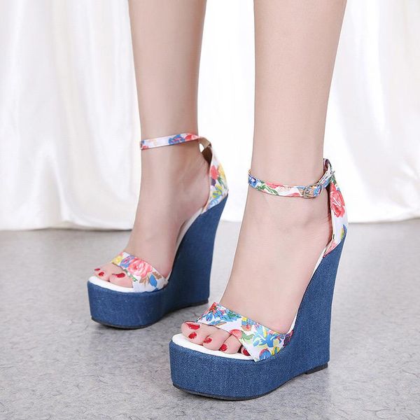 

spring printing sandals women denim high heel shoes woman flower wedges platform ankle wrap ws1792 dress, Black