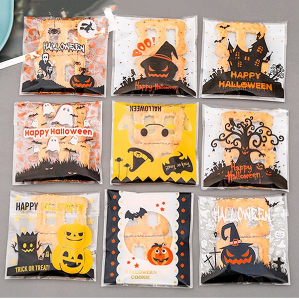 

100pcs gift wrap big halloween candy bag pumpkin witch print self-adhesive plastic bags happy ghost festival sweet cookie baking packaging z