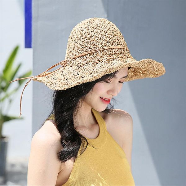 

wide brim hats ladies summer beach straw hat fashion sunscreen cap casual fisherman sun hollow out protection 2021 r5, Blue;gray