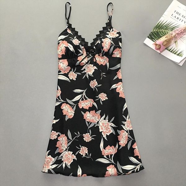 

silk nightgowns nightdress spaghetti strap womens sleepwears nightwear summer lace sleepshirts satin flower print t5p, Black;red