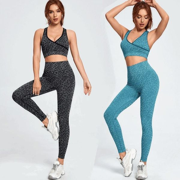 

yoga outfit women seamless fitness set tie-dye leopard print camou suit beautiful back bra high elastic buttocks gym pants sports