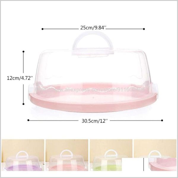 

portable plastic 10\" round cake box cupcake dessert container case sealing handheld carrier wedding birthday supplies storage bottles