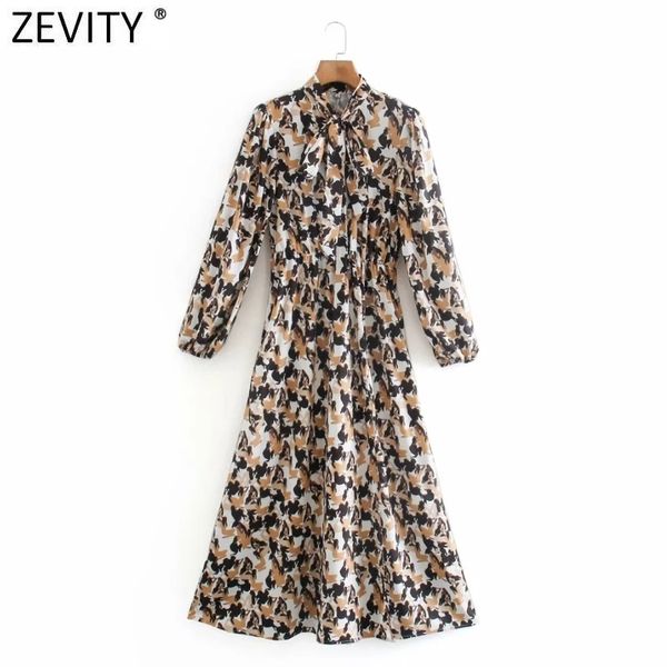 

zevity women elegant bow tie abstract characters print shirt dress female backless vestidos casual slim midi dresses ds4785 210419, Black;gray