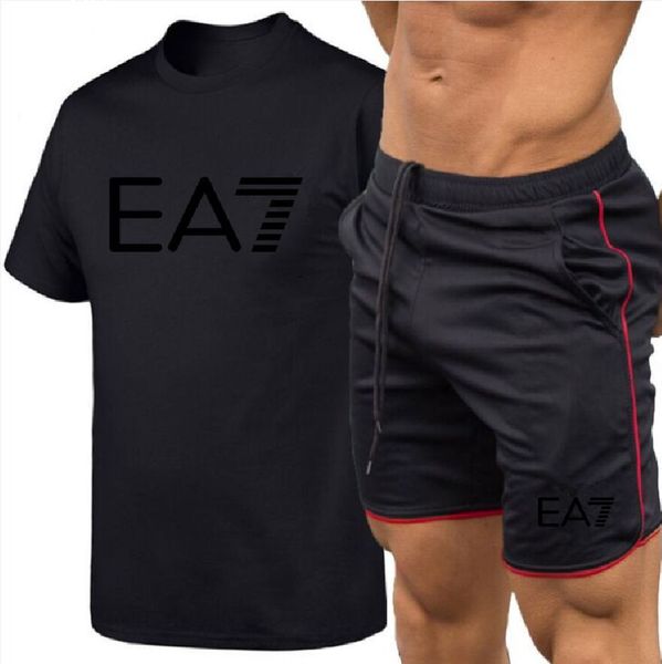 

jogger jogging fitness clothing men running sets t-shirt+shorts tracksuits two-piece set clothes sports suit male sportswear, Gray