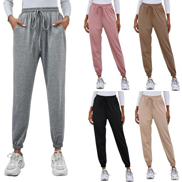 

running pants women fashion solid color sport leisure legged sweatpants, elastic high waist tie-up trousers with pockets, s/ m/ / xl, Black;blue