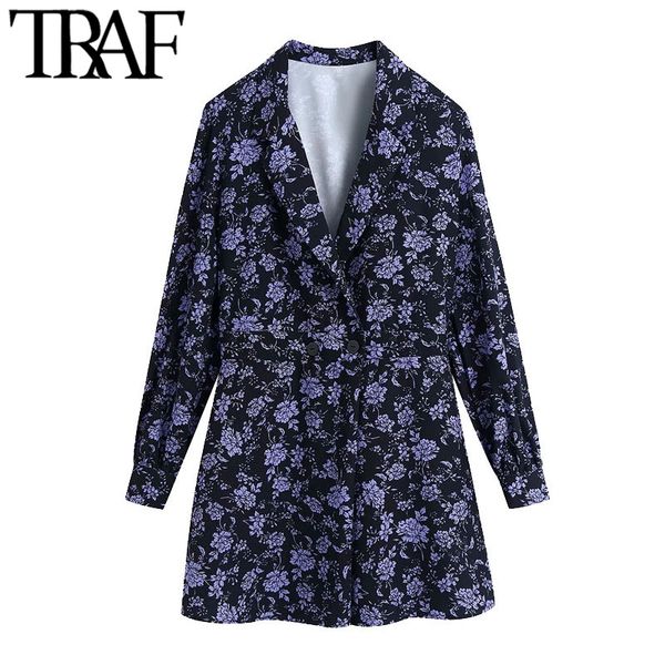 TRAF Mulheres Chique Moda Com Botões Floral Imprimir Playsuits Vintage Lapela Collar Manga Longa Jumpsuits Feminino Mujer 210415