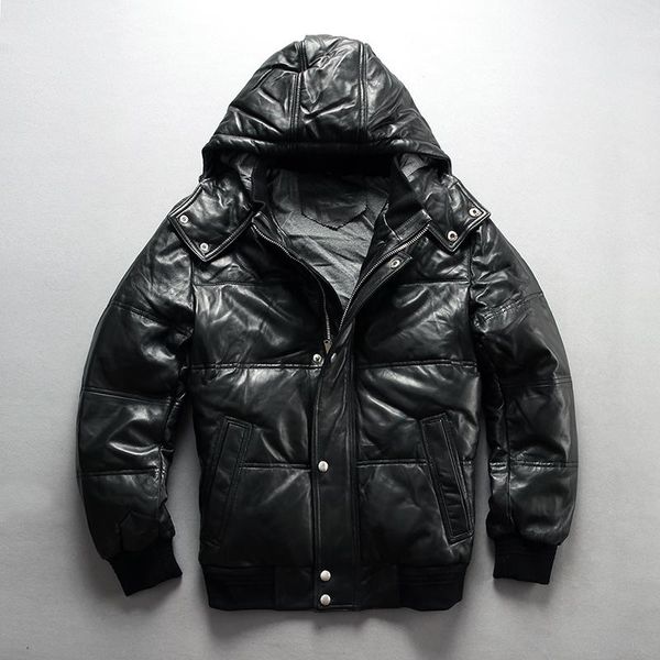 

men's leather & faux 2021 hooded genuine down jacket black sheepskin winter coat men white duck for