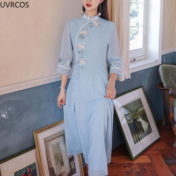 

ethnic clothing autumn vintage women cheongsam dress chic embroidery slim elegant long unique chinese style party qipao plus size, Red