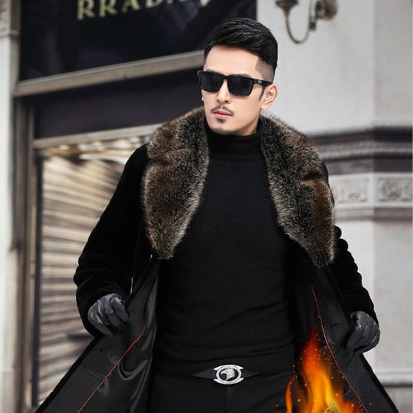 

men's leather & faux real men sheep shearing winter coat collar hooded wool jacket for mens clothing plus size casaco 493 yy889, Black