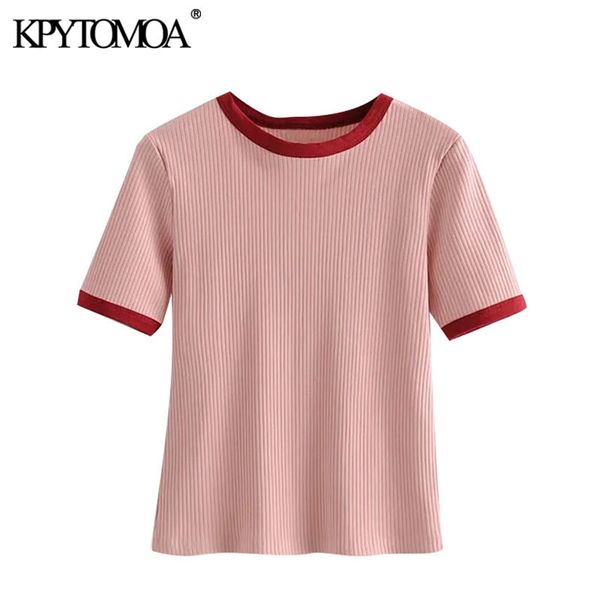

women chic fashion patchwork ribbed t shirt vintage o neck short sleeve female tees mujer 210416, White