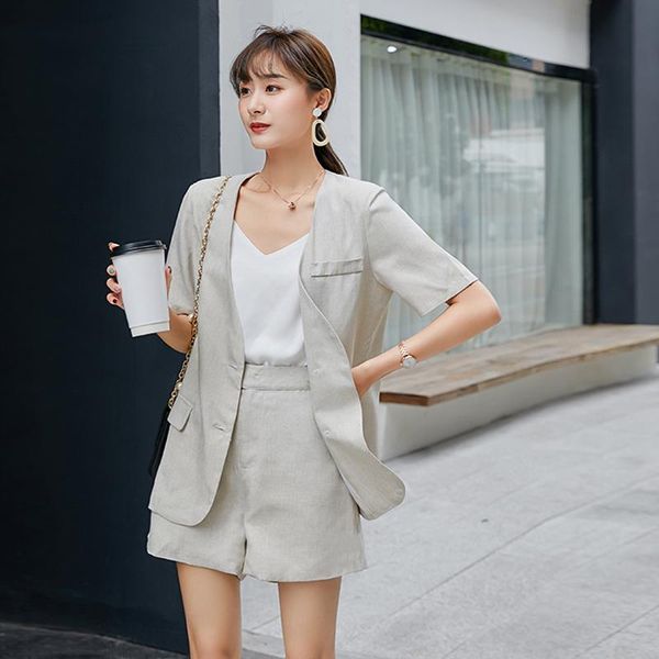 

women's suits & blazers fashion cotton linen women short single breasted v-neck blazer jacket shorts summer female 2 pieces set pant, White;black