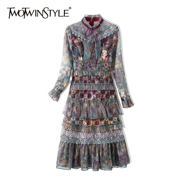 

print vintage dress for women o neck long sleeve high waist hit color pullover mid dresses female fashion 210520, Black;gray